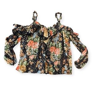 Needle & Thread Black Floral Metallic Ruffle Off The Shoulder Top Size 8